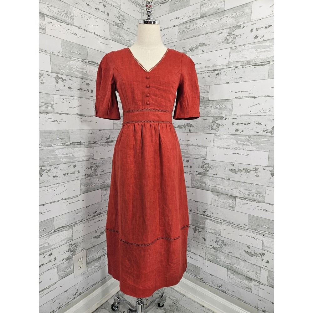 Petite Studio NYC Terracotta Red Linen Midi Dress V-Neck Lace Trim Women XS